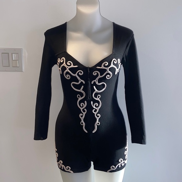 Pants - 90s Vintage Black & White Embroidered Bodysuit